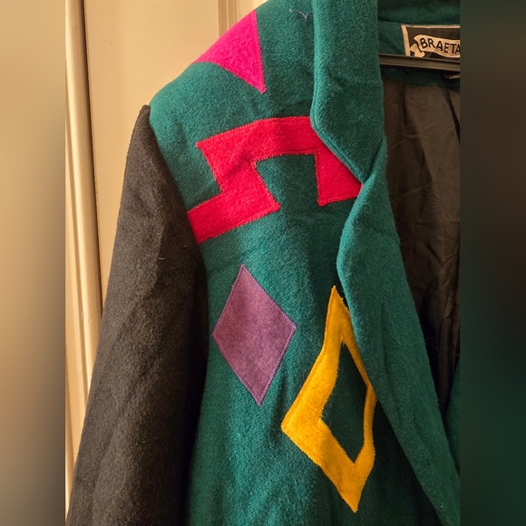 Braetan wool mix blazer size large womens? Green with colorful suede patches - Picture 4 of 8